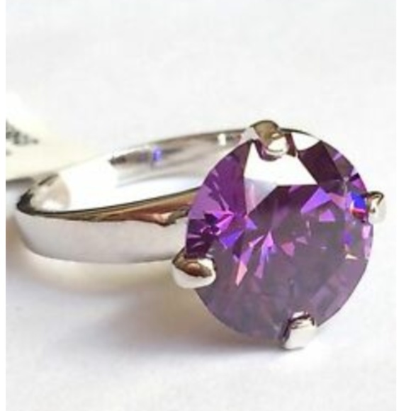 Silver Amethyst Cocktail Ring Size 8 Purple Cubic Zirconia Rhodium Plated - Picture 1 of 8